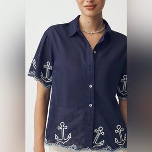 Anthropologie Maeve Henrietta Buttondown Surf Shirt Embroidered Anchor